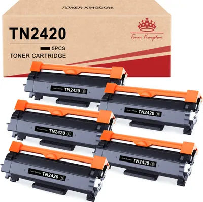 A box of toner cartridges with several cartridges arranged in front of it.