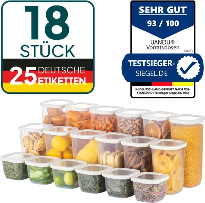A collection of clear plastic food storage containers filled with various food items and labels, presented on a white background with marketing text and seals.