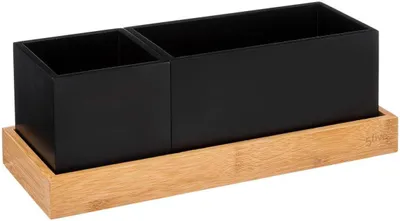 Immagine prodotto di Organizzatore da scrivania in legno e bambù, con 2 contenitori, 1 cassetto, dimensioni 29x10,4x11 cm, ideale per l'ufficio