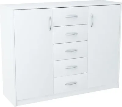 A white kommode with two doors and five drawers.