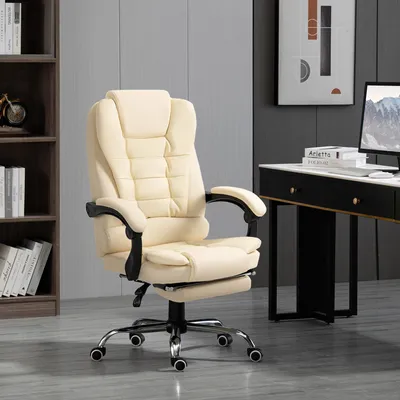 Produktbild von Bürostuhl mit Fußstütze, Chefsessel 145° neigbar, Schreibtischstuhl Kunstleder, Cremeweiß | 64,5 x 69 cm | höhenverstellbar | Drehstuhl