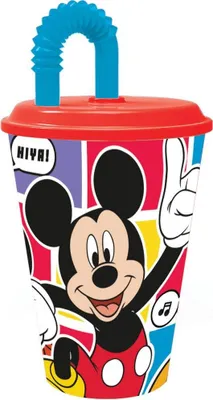Produktbild von Tataway Disney Rot-blauer Plastikbecher für Kinder Mickey Mouse 430 ml mit Strohhalm und flexiblem Deckel