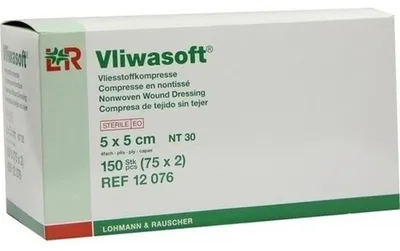 Productafbeelding van Vliwasoft steriele verbandkompressen, vliesmateriaal, 5 x 5 cm, 4-laags, 150 stuks