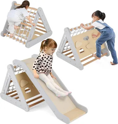 Image de Triangle d'escalade 4 en 1 avec toboggan en bois 62,5 x 64 x 57,5 cm gris