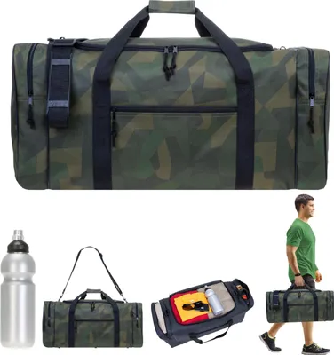 Produktbild von Sporttasche Herren XL Spear Gym 68 cm 65 Liter Large Reisetasche Saunatasche Gymbag Freizeittasche Sport Tasche 658 XXL Jungen Fußballtasche Camouflage Oliv Grün + Trinkflasche