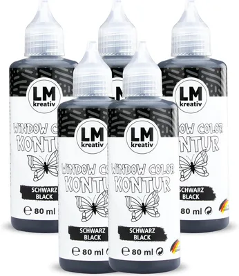 Produktbild von LM Window Color Set Kontur (5 x 80 ml Schwarz) - Abziehbare Fenster-Farbe KONTUR für Fensterbilder auf Spiegelfliesen & andere glatte Oberflächen