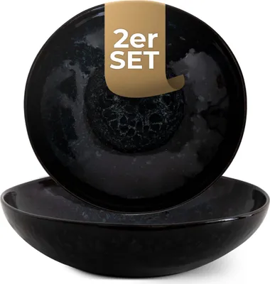 Produktbild von palmer Eccentric große tiefe Teller - 2er-Set, Steingut, Ø 22 cm, blau schwarz braun umrandet, für Pasta, Suppe oder als Servierteller, stapelbar, spülmaschinenfest