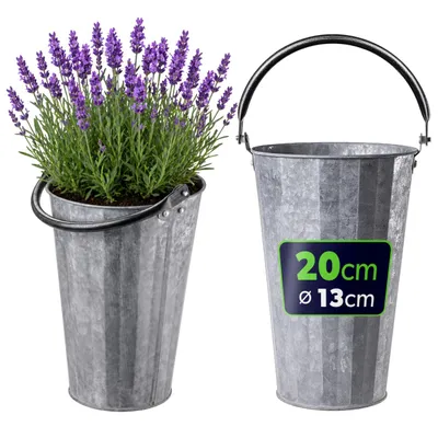 Obrázek produktu pro KADAX Květináč 13 x 20 cm, květináč z pozinkované oceli, zinkový květináč s držadlem, květináč na bylinky, květiny a rostliny, vintage květináč na bylinky (stříbrný)