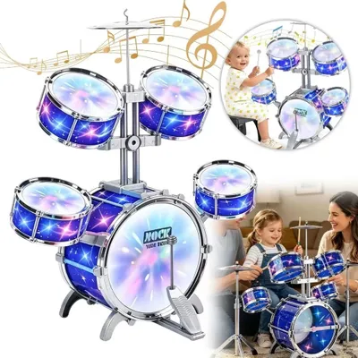 Productafbeelding van Kindertrommelset - Junior-trommelset - Complete 5-delige set - Basdrum met voetpedaal - Bekken - 2 drumstokken - Geschikt voor beginners