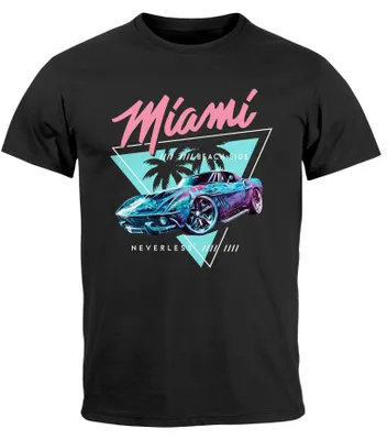 Produktbild von Herren T-Shirt Bedruckt Miami Beach Surfing Motiv USA Retro Automobil 80er Fashion Streetstyle Neverless® schwarz XXL
