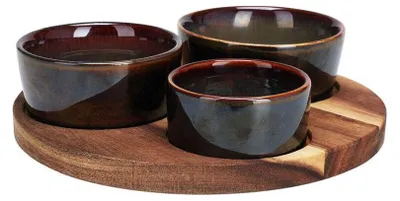 Produktbild von Excellent Houseware Tapas-Servierset, Bambus/Keramik, 20 x 1,2 cm, blau