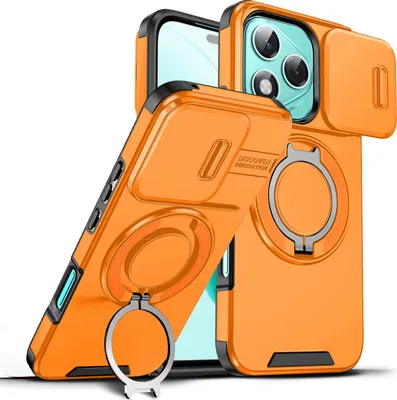 Immagine prodotto di Custodia a doppio strato per Honor 400 Lite, copertura scorrevole per la fotocamera e supporto ad anello magnetico Arancione