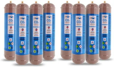 Produktbild von 8× 600‑g‑CO₂‑Einwegkartuschen M11x1 aus Stahl – Lebensmittelqualität E290