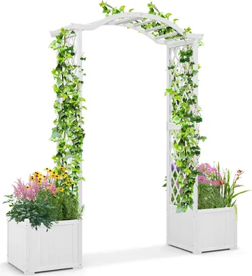 Image de COSTWAY Arc de roses en bois, arc de porte 2 en 1 avec bac à fleurs, pergola de jardin moderne, 183 x 42 x 200 cm, blanc