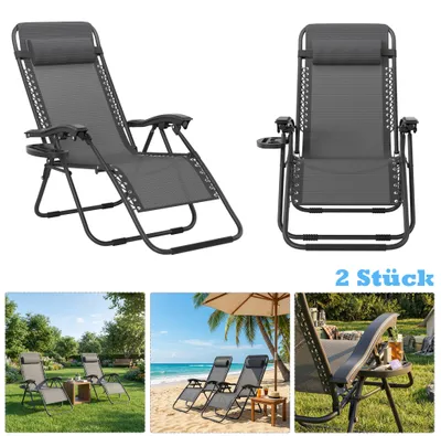 Image de UISEBRT 2 pièces Chaise longue pliante gris foncé, chaise de plage, chaise longue pour le camping et le jardin, max. 120 kg, avec coussin, chaise pliante pour le soleil et la détente, idéale pour la terrasse, la piscine