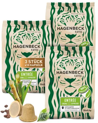 Produktbild von HAGENBECK ENTRÉE Crema/Lungo Espresso 30 Kapseln | Biologische Kaffeekapseln | kompatibel mit Nespresso-Maschinen | Nachhaltig & Aluminiumfrei