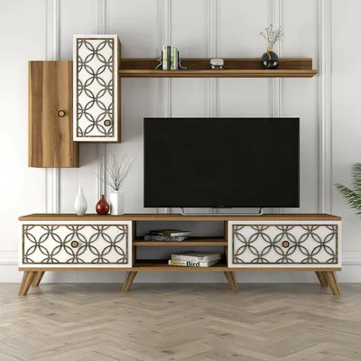 Image de Nunzia - Meuble TV, 180x35x44h cm Marron Noyer, 2 Étagères