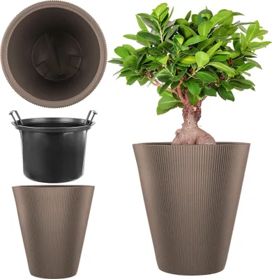 Produktbild von KADAX Pflanzkübel Ø 29,5 x H 32.5 cm, moderner Blumenkübel mit Innentopf & geriffeltes Design, großer Pflanzentopf aus Kunststoff (Braun)