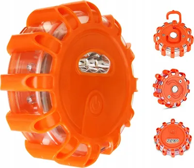 A collage of images showing an orange LED emergency beacon light from different angles.