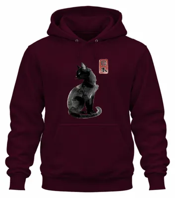 Zdjęcie produktu dla Japońska czarna kotka, kanji, Japonia, styl Y2K, bluza z kapturem, kolor burgundowy, rozmiar M