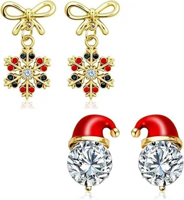 Produktbild von Weihnachtsohrringe - 2 Paar - Weihnachts-Ohrstecker & Ohrhänger - Goldene Ohrringe - Schneeflocke, Schleife, Weihnachtsmütze - Weihnachtsgeschenk