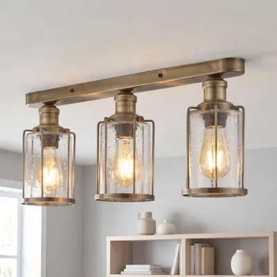 Produktbild von Deckenlampe Metall Glas 57.5 cm breit in Messing Antik 3-flammig E27 Vintage Industrial Design Deckenleuchte