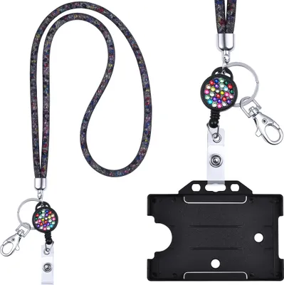 Produktbild von Ausweishülle Kartenhalter mit Jojo Schlüsselanhänger ausziehbar Kristall Lanyard Schwarz / Bunt komplett mit Ausweis Halter Schlüsselband Umhängeband