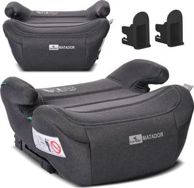 A car seat booster and accessories are displayed against a white background.