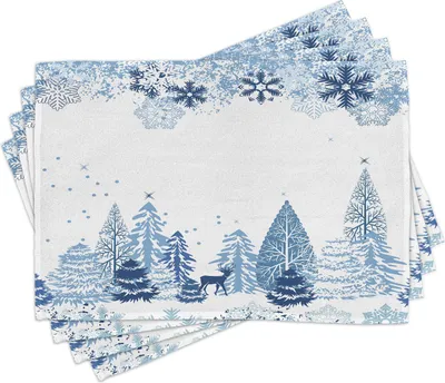 Immagine prodotto di Tovagliette ABAKUHAUS Winter, scena invernale con cervi, alberi ghiacciati e neve, alberi di Natale, 30 x 45 cm, blu e bianco