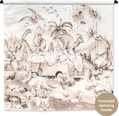 Produktbild von MuchoWow® Wandteppich Wandbehang Dinosaurier - Bus - Kinder - Tiere - Bäume 150x150 cm Tapisserie Dekoration Wandtuch - Wohnaccessoires - Modernes