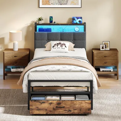 Obrázok produktu pre Rám postele VASAGLE s jednou zásuvkou, rozmer 90 x 200 cm, s LED osvetlením a nabíjacou stanicou
