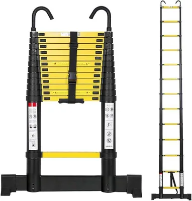 Imagen del producto de Escalera telescópica de aluminio de 3.8 metros, escalera extensible con estabilizador y ganchos desmontables, escalera de aluminio antideslizante, escalera de pie multipropósito, capacidad de carga de 150 kg, color y amarillo