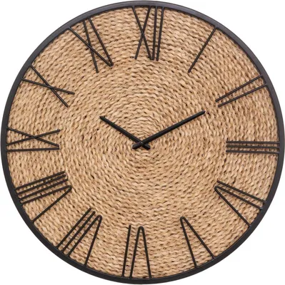 A round wall clock with a woven jute face and black Roman numerals and hands, presented against a white background.