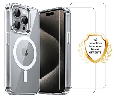 Produktbild von Stoßfeste Schutzhülle für iPhone 16 Pro Max, kompatibel mit MagSafe, transparent + 2 Displayschutzfolien - EVETANE
