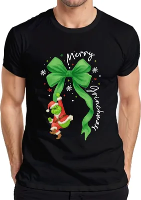Obrázek produktu pro Merry Grinchmas Grinch Father Christmas on a green bow Christmas pánské tričko, černá, M