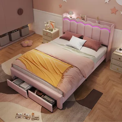 Obrázek produktu pro Postel Flieks, rozměr 140 x 200 cm, s čelem, dvojlůžko se zásuvkami, dětská postel s odkládací plochou a LED osvětlením, barva růžová, materiál: samet, překližka, MDF