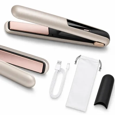 Produktbild von Mini-Haarglätter kabellos, 2-in-1 Glätteisen und Lockenstyler, 4800-mAh-Akku, bis zu 60 Min. Laufzeit, Champagnergold