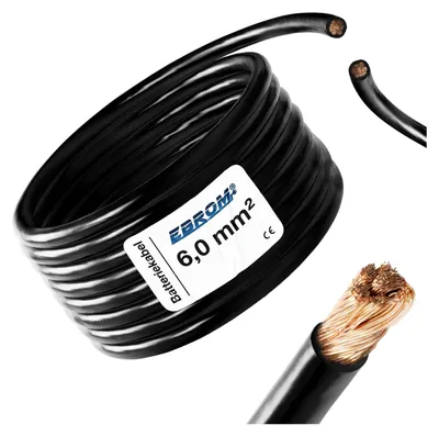 Produktbild von EBROM® - Batteriekabel Aderleitung SCHWARZ H07V-K 6 mm² - KFZ Batterie Kabel - 99,9 % OFC Kupfer - Meterware / Stück = Meter - in einer Länge geliefert - 6 mm2 - 6mm2