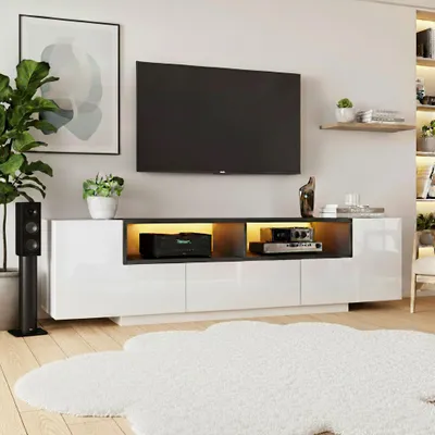 Produktbild von okwish moderner TV-Schrank mit LED und einer Schublade, TV-Lowboard mit offenem Ablagefach, Hochglanzweiß,für 75-Zoll-Fernseher,Weiß