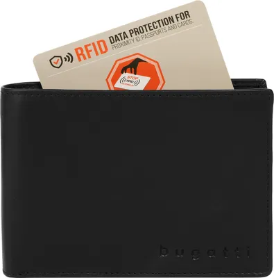 A black leather wallet with an RFID protection card sticking out of it.