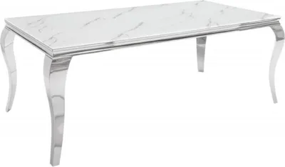 Obrázek produktu pro Designový jídelní stůl Casa Padrino bílý / šedý / stříbrný 180 x 95 x v. 75 cm - Obdélníkový kuchyňský stůl z nerezové oceli s digitálně potištěným bezpečnostním sklem v mramorovém vzhledu - Moderní barokní nábytek