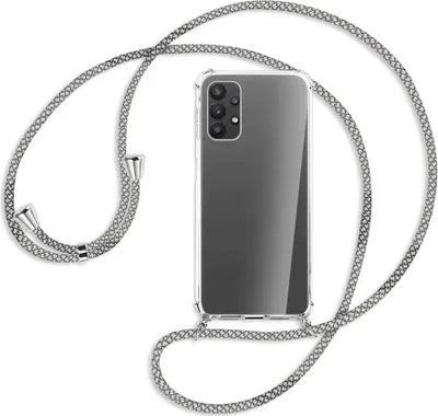 Produktbild von Handykette Backcover-Schutzhülle mit Band (Metall silberfarben) für Samsung Galaxy A23 4G - weiß/grau kariert