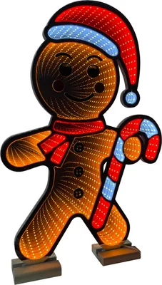 A decorative LED gingerbread man figure holding a candy cane, designed for indoor or outdoor use.