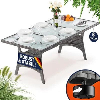 Produktbild von CASARIA® Polyrattan Gartentisch 190x90x74cm mit Ablage Glas Tischplatte Höhenverstellbar Wetterfest Garten Terrasse Balkon Tisch Esstisch Gartenmöbel Grau