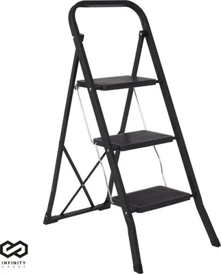 A black stepladder with three steps is shown against a white background.