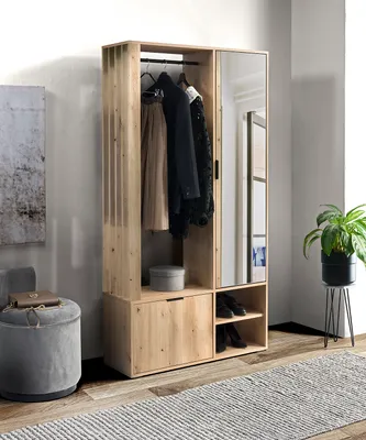Obrázek produktu pro Šatní skříň Albello MIKA se zrcadlem - předsíňová skříň z dubu Artisan, ideální na oblečení a doplňky - 100x33x189,4 cm