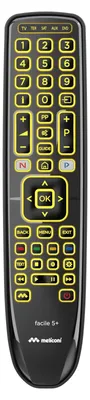 A black universal remote control with yellow backlit buttons is shown against a black background.