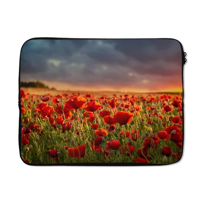 Produktbild von MuchoWow® Laptop Hülle 17 Zoll Laptoptasche Sonnenuntergang - Mohnblumen - Rot - Blumen - Feld - Natur - Zipper - Schutzabdeckung