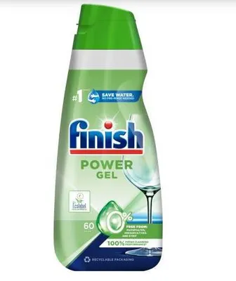 A bottle of Finish Power Gel dishwasher detergent.