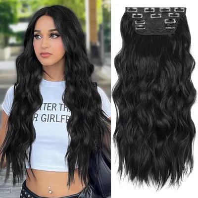 Obrázok produktu pre Clip-in predlžovanie vlasov, 4 kusy, vlnité, 50 cm, čierna farba (1B), syntetické